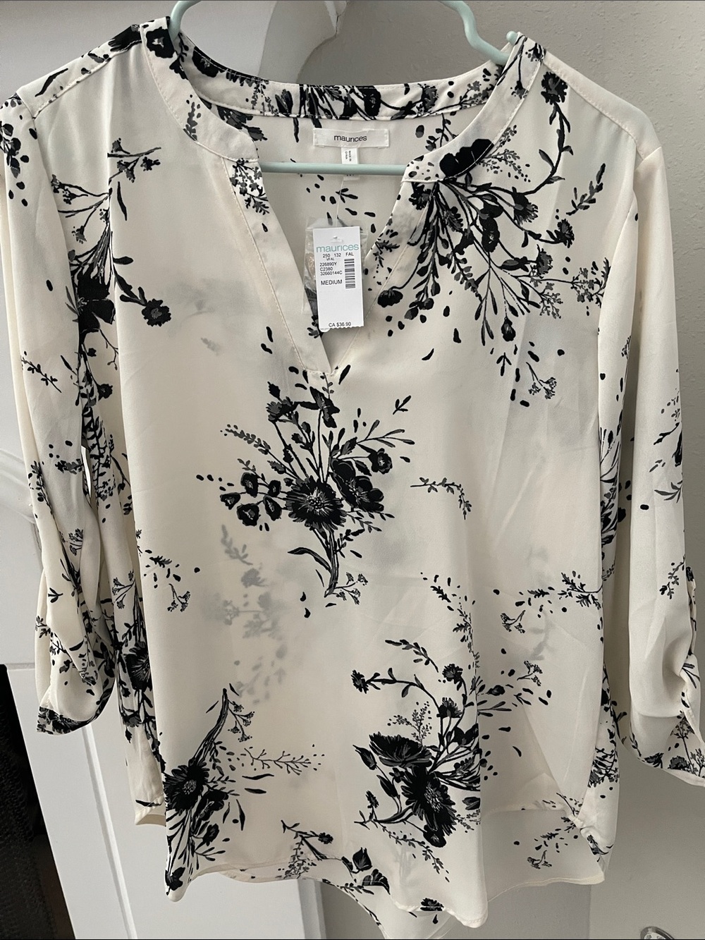 Maurices Cream Blouse with Black Floral Print